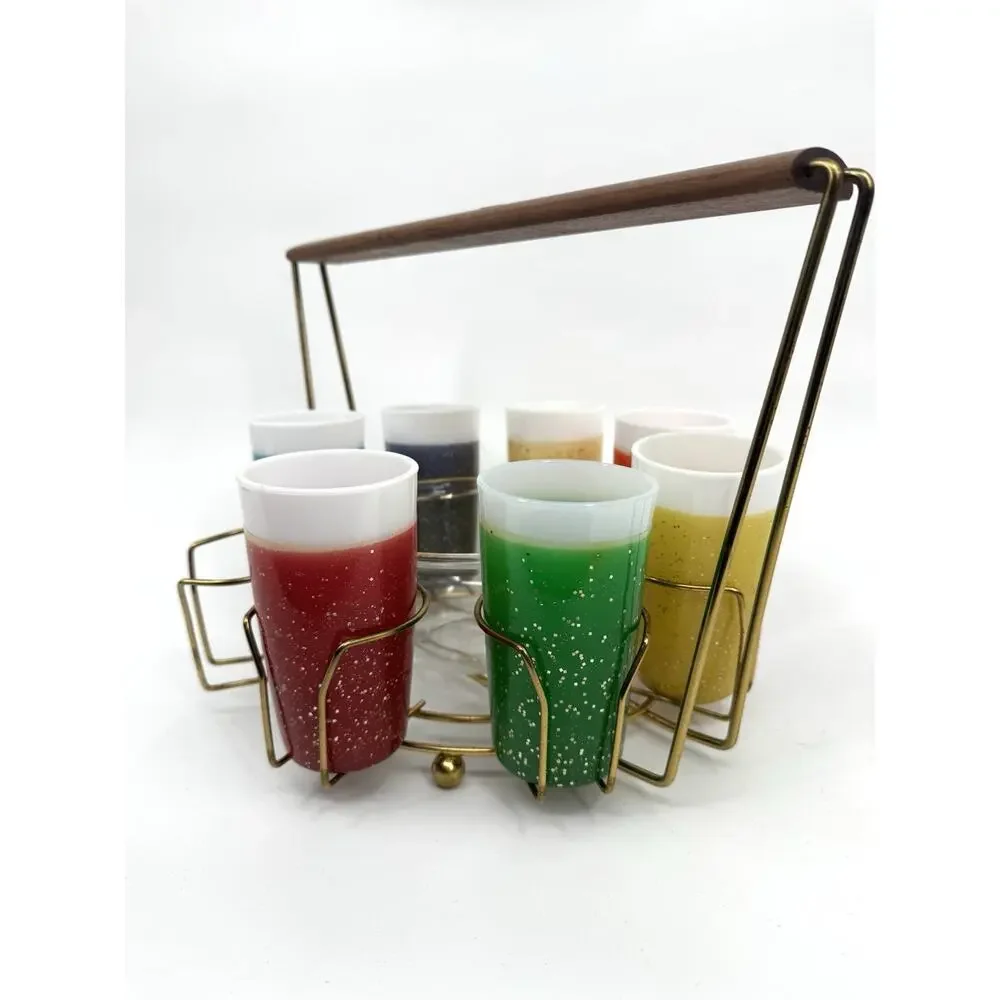 Galamite Glitter Fire King Glass 7 Tumbler Set With Caddy and Ice Bowl